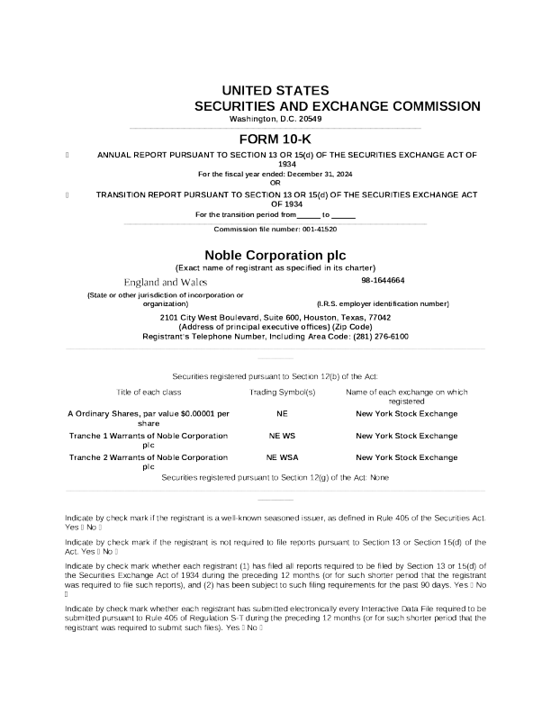 Noble Corp plc-A 2024年度报告