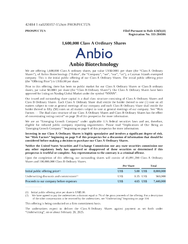 Anbio Biotechnology-A美股招股说明书(2025-02-19版)