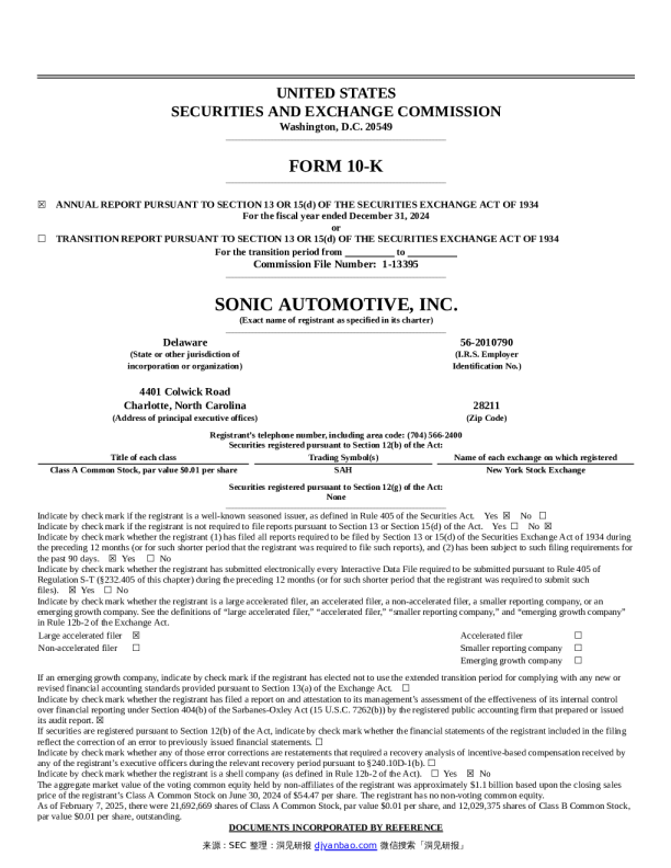 Form 10-K SONIC AUTOMOTIVE INC 