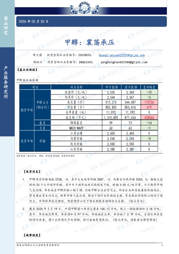 甲醇：震荡承压