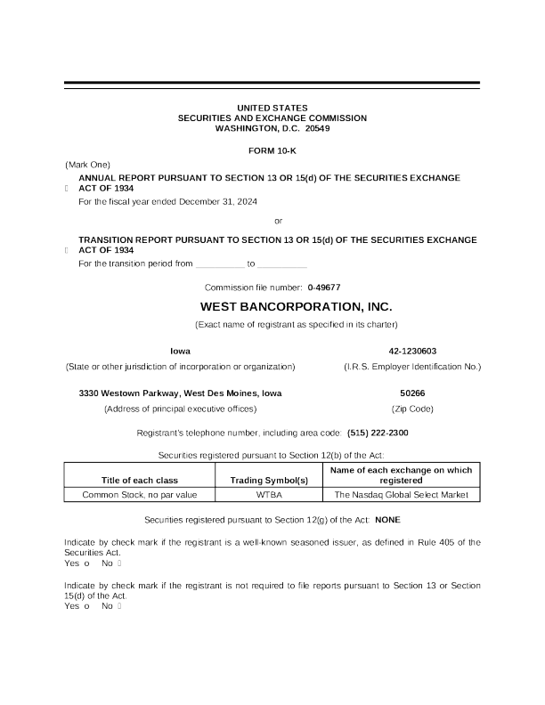 West Bancorporation Inc 2024年度报告