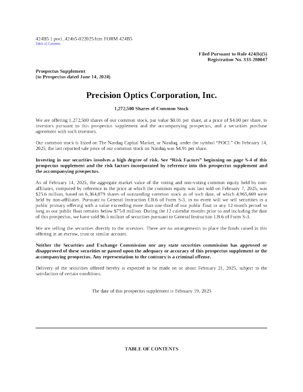 Precision Optics Corp Inc American Depositary Receipt Prospectus (February 20, 2025 Edition)