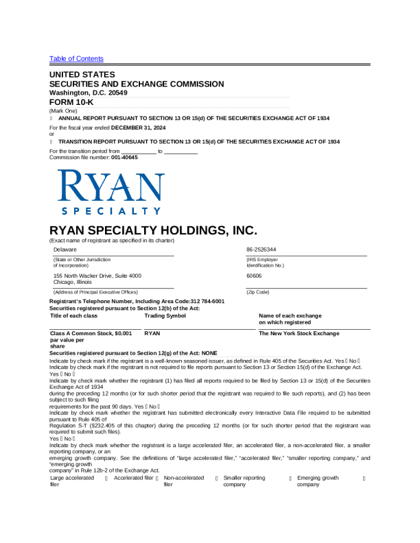 Ryan Specialty Holdings Inc-A 2024年度报告