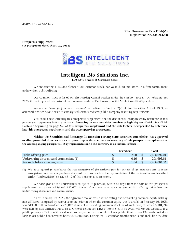 Intelligent Bio Solutions Inc美股招股说明书(2025-02-21版)