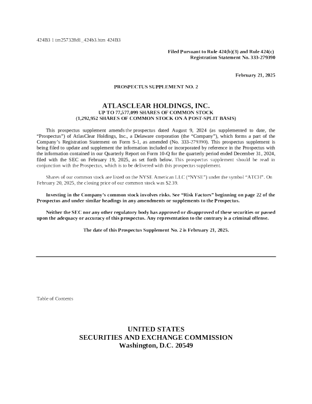 AtlasClear Holdings Inc美股招股说明书(2025-02-21版)