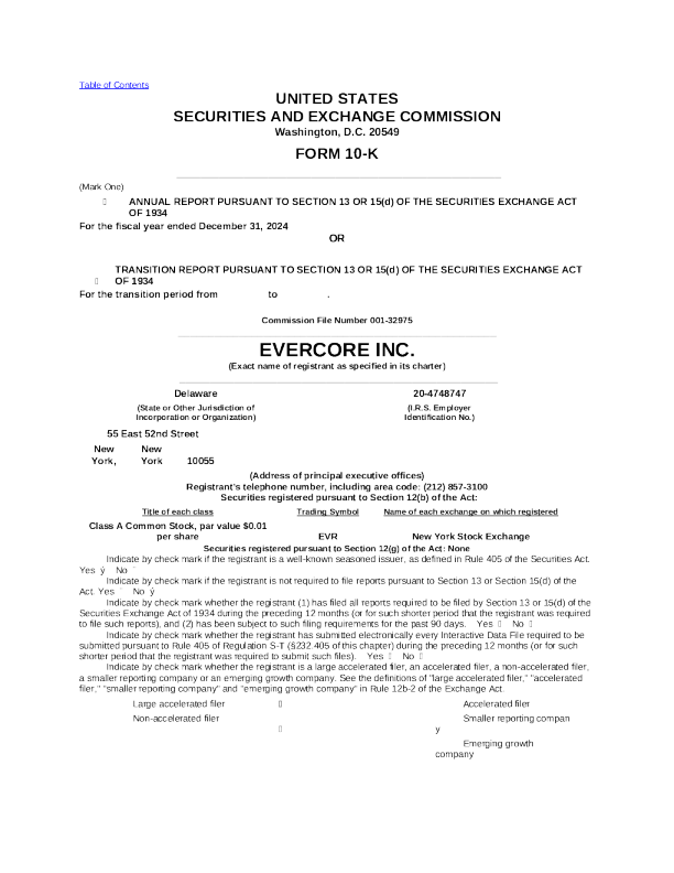 Evercore Inc-A 2024年度报告