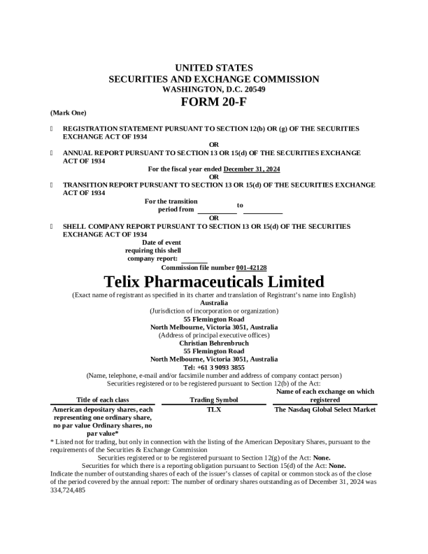 Telix Pharmaceuticals Ltd ADR 2025年年度报告和过渡报告