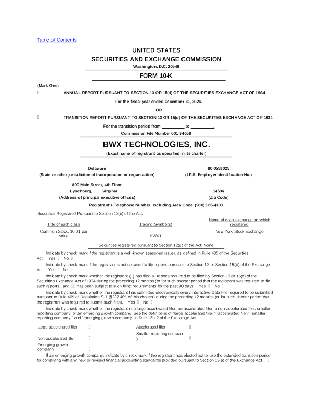 BWX Technologies Inc 2024年度报告