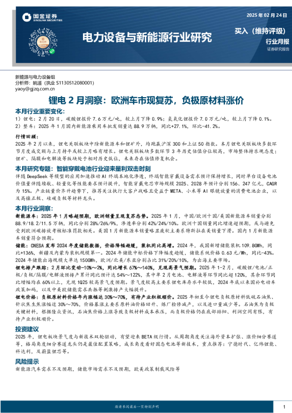 锂电2月洞察，欧洲车市现复苏，负极原材料涨价