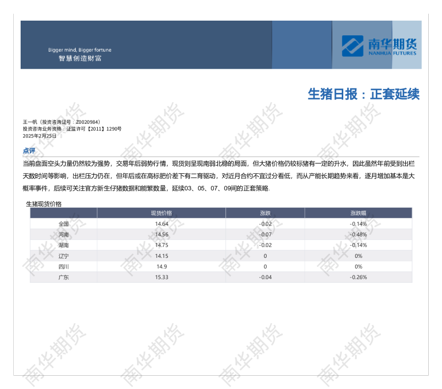 生猪日报：正套延续