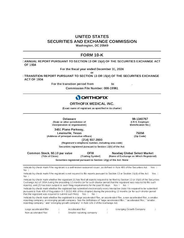 Orthofix Medical Inc 2024年度报告