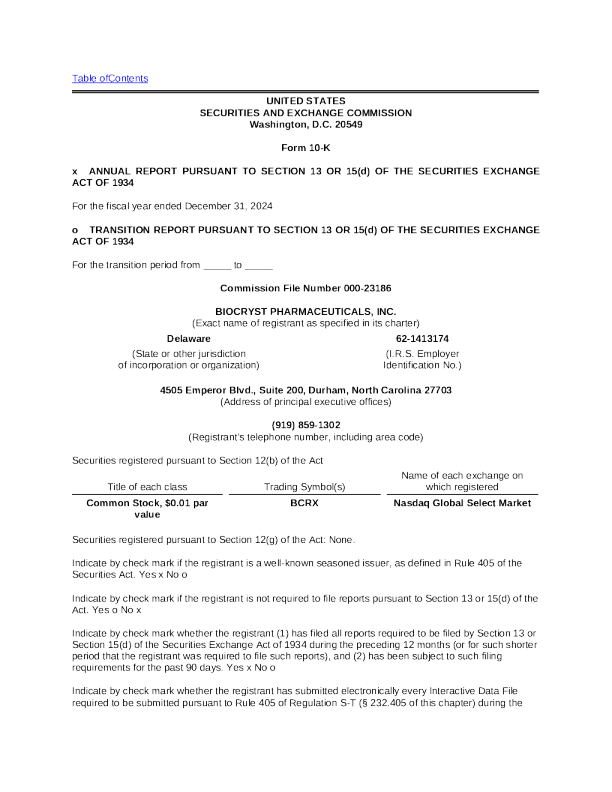 BioCryst Pharmaceuticals Inc 2024年度报告