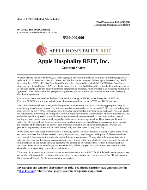 Apple Hospitality REIT Inc美股招股说明书(2025-02-25版)