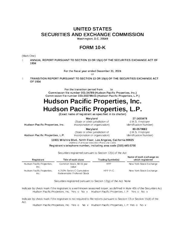 Hudson Pacific Properties Inc 2024年度报告