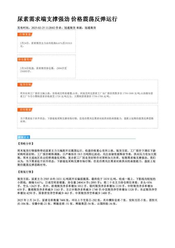 尿素需求端支撑强劲 价格震荡反弹运行