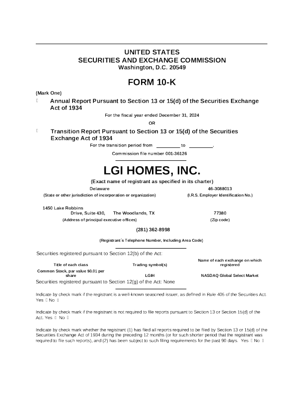 LGI Homes Inc 2024年度报告