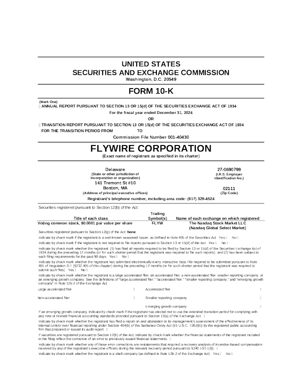 Flywire Corp 2024年度报告