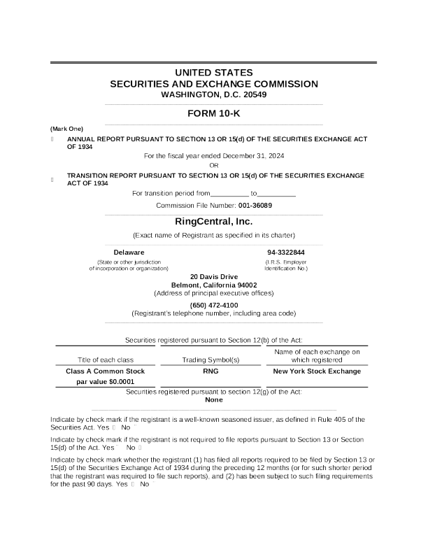 RingCentral Inc-A 2024年度报告
