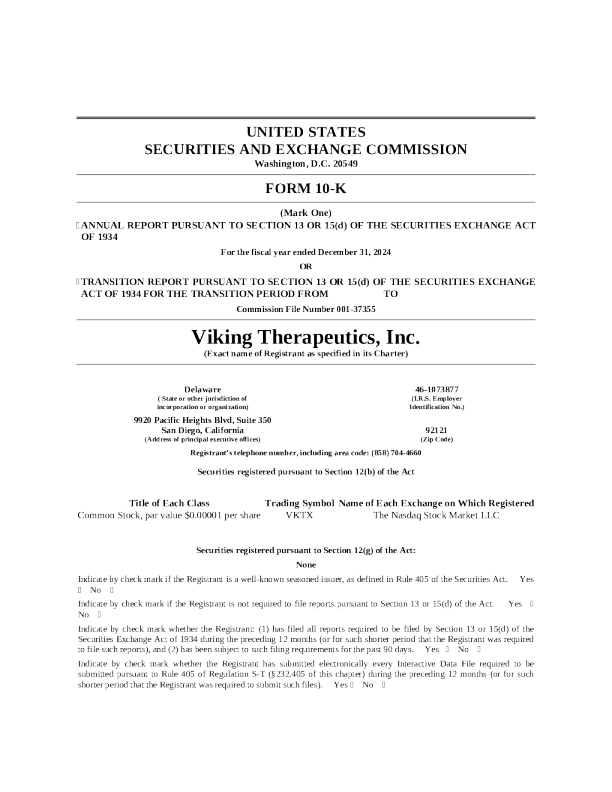 Viking Therapeutics Inc 2024年度报告