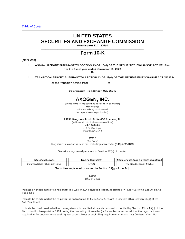 AxoGen Inc 2024年度报告