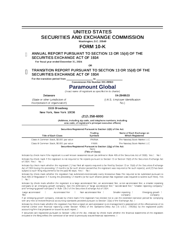派拉蒙全球-B 2024年度报告