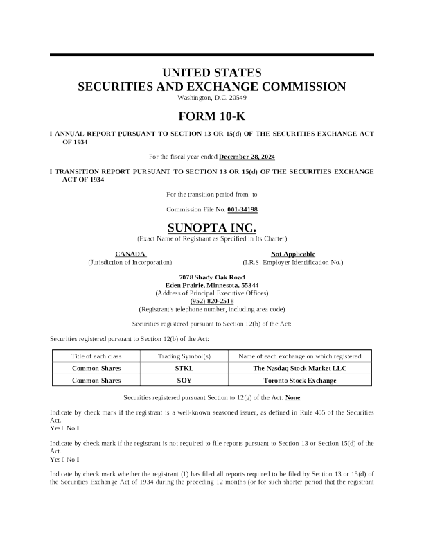 SunOpta Inc 2024年度报告