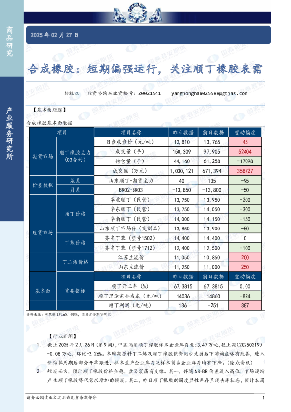 合成橡胶:短期偏强运行,关注顺丁橡胶表需