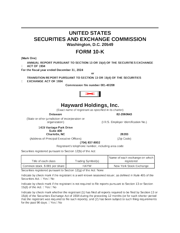 Hayward Holdings Inc 2024年度报告