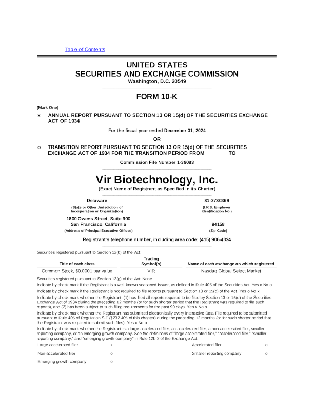 Vir Biotechnology Inc 2024年度报告
