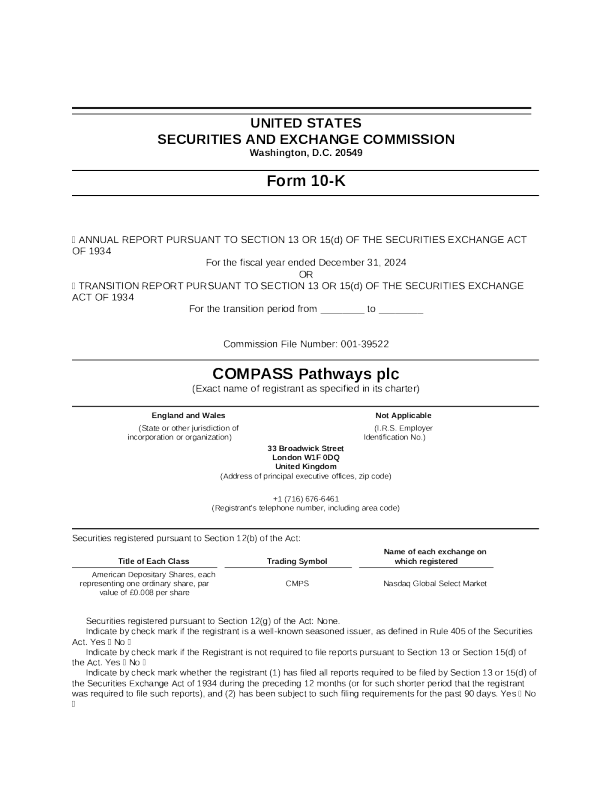 COMPASS Pathways plc ADR 2024年度报告