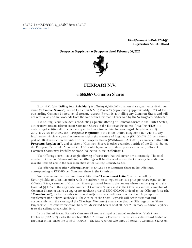 法拉利美股招股说明书(2025-02-27版)