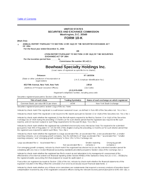 Bowhead Specialty Holdings Inc 2024年度报告