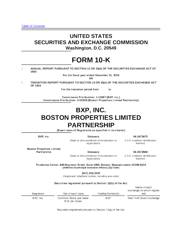BXP Inc 2024年度报告
