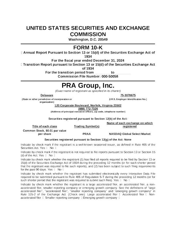 PRA Group Inc 2024年度报告