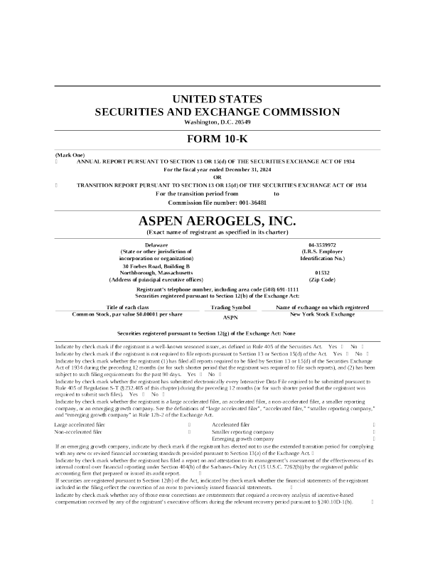 Aspen Aerogels Inc 2024年度报告
