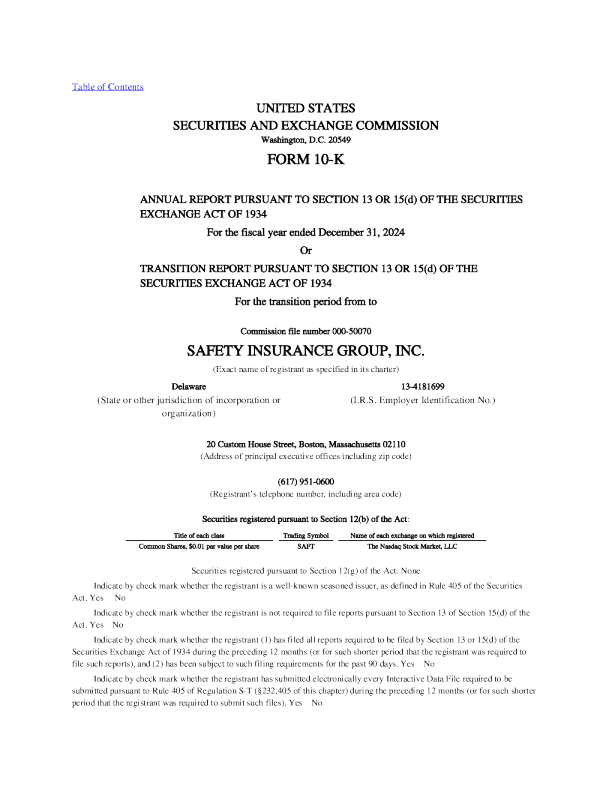 Safety Insurance Group Inc 2024年度报告