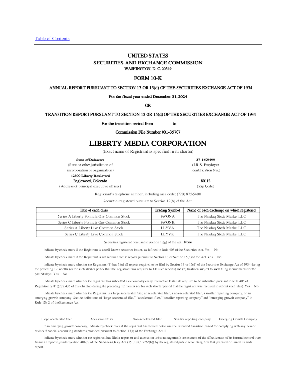 Liberty Media Corp Liberty Formula One-A 2024年度报告