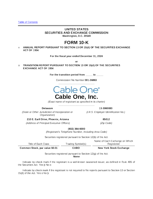 Cable One Inc 2024年度报告