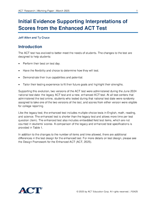 初始证据支持对增强版ACT测验得分的解释