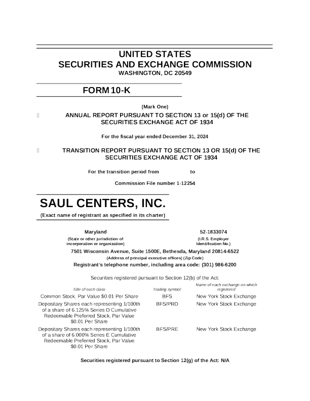 Saul Centers Inc 2024年度报告