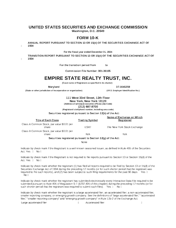 Empire State Realty Trust Inc-A 2024年度报告