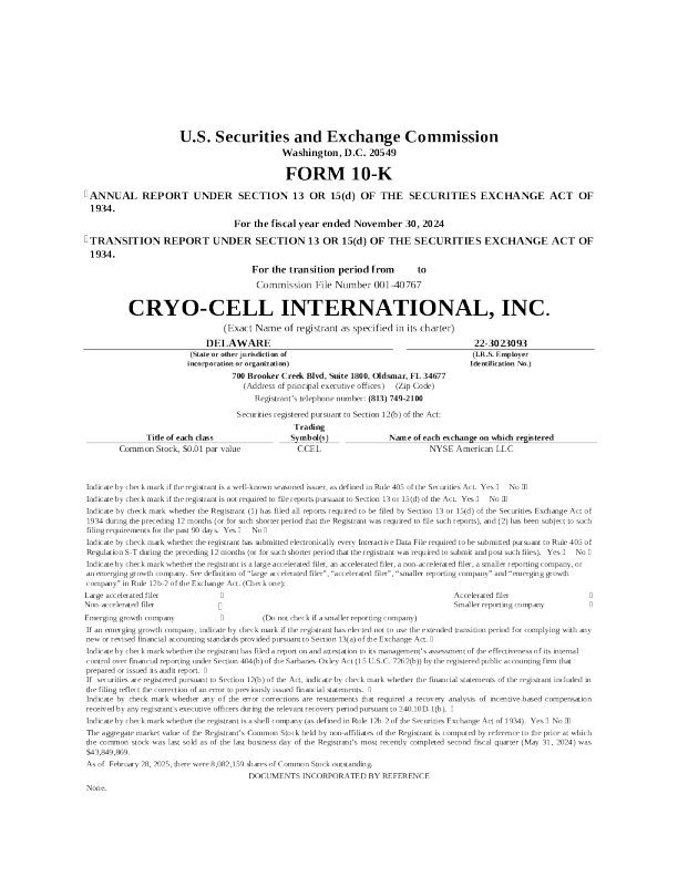 Cryo-Cell International Inc 2024年度报告