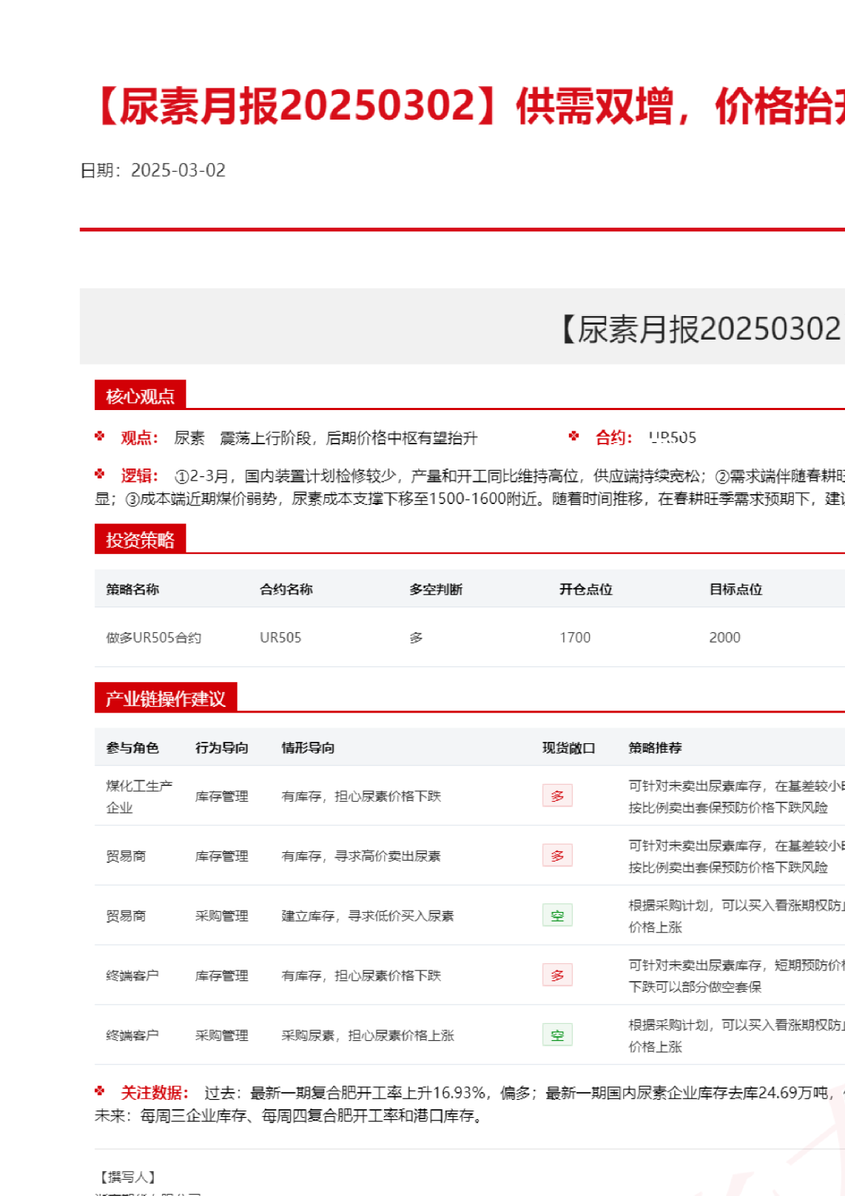【尿素月报】供需双增，价格抬升