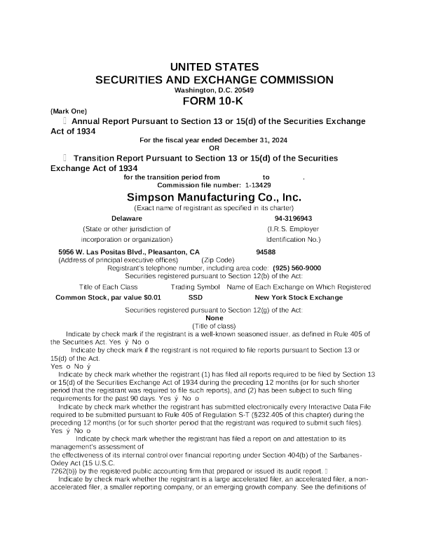 Simpson Manufacturing Co Inc 2024年度报告