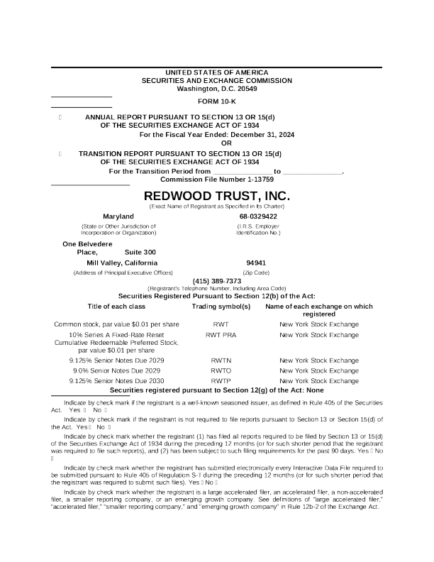 Redwood Trust Inc 2024年度报告