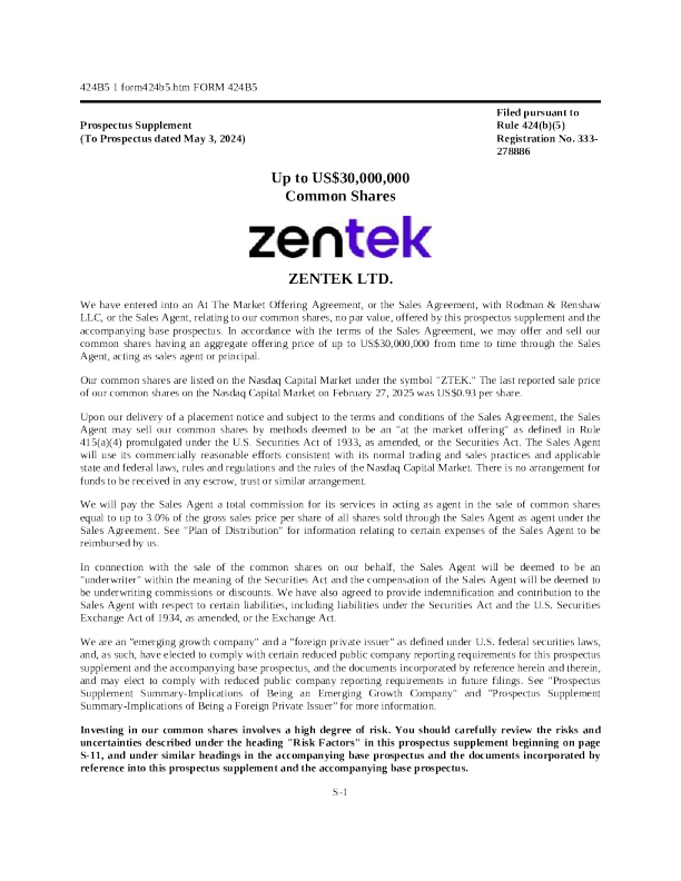 Zentek Ltd美国招股说明书（2025-03-03版）
