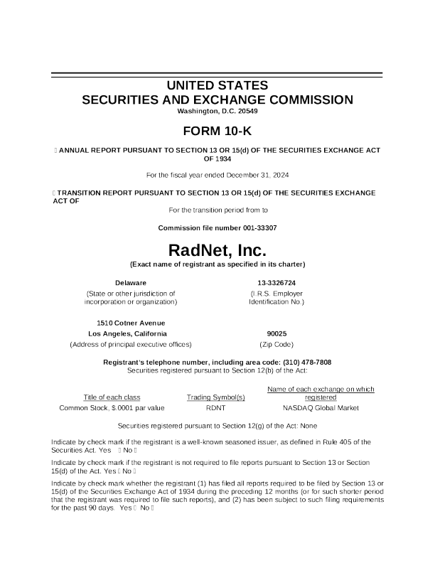 RadNet Inc 2024年度报告