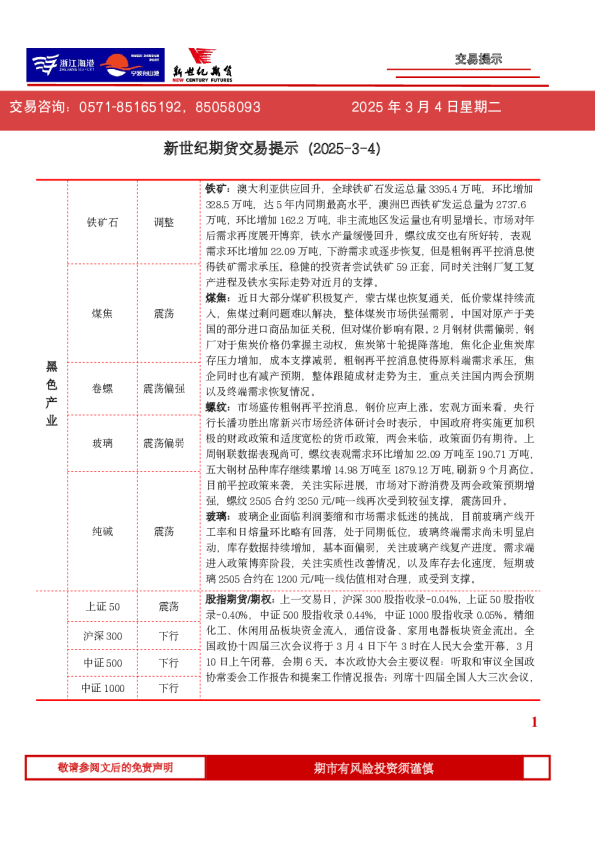 新世纪期货交易提示（2025-3-4）
