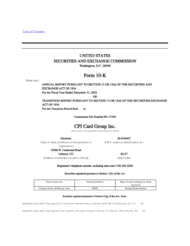 CPI Card Group Inc 2024年度报告