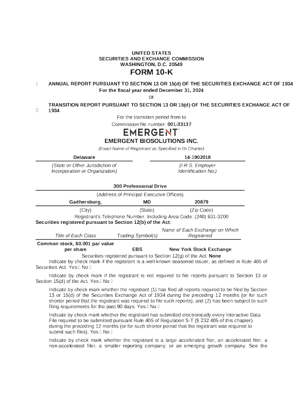 Emergent BioSolutions Inc 2024年度报告
